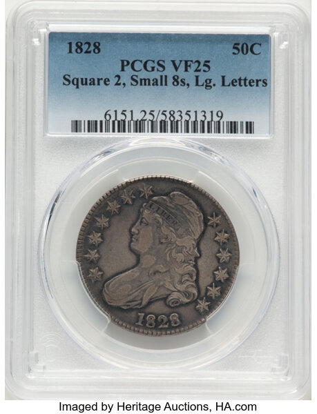 1828 50c Square Base 2, Small 8s, Large Letters, O-120 MS thumbnail 3