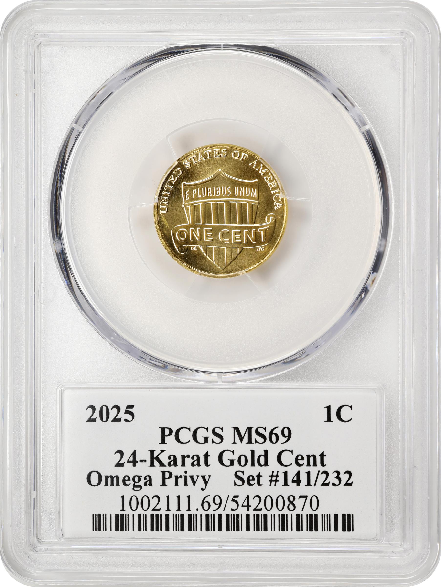2025 1c 24k Gold, Shield, Omega (Ω) Privy, Burnished MS thumbnail 9