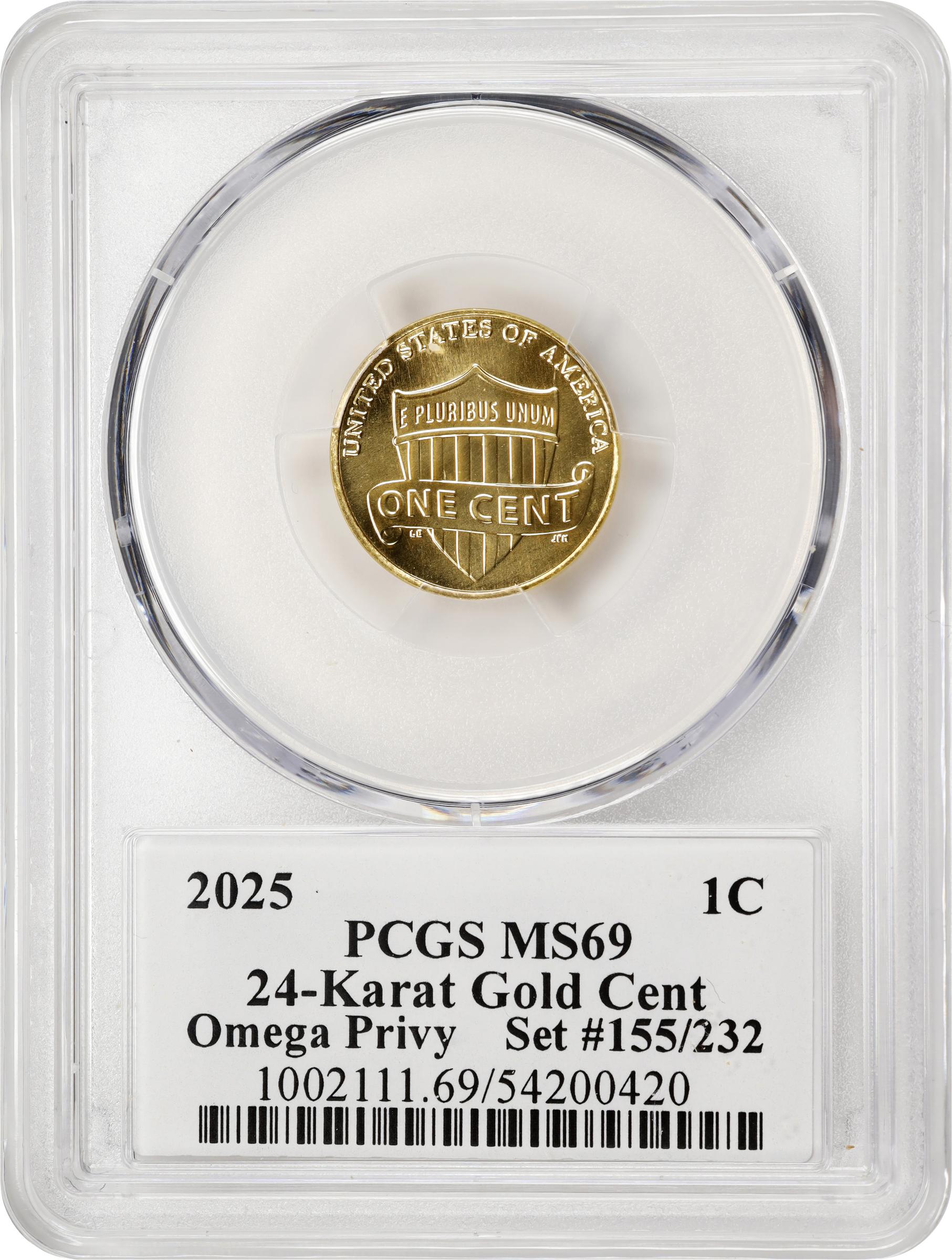 2025 1c 24k Gold, Shield, Omega (Ω) Privy, Burnished MS thumbnail 13