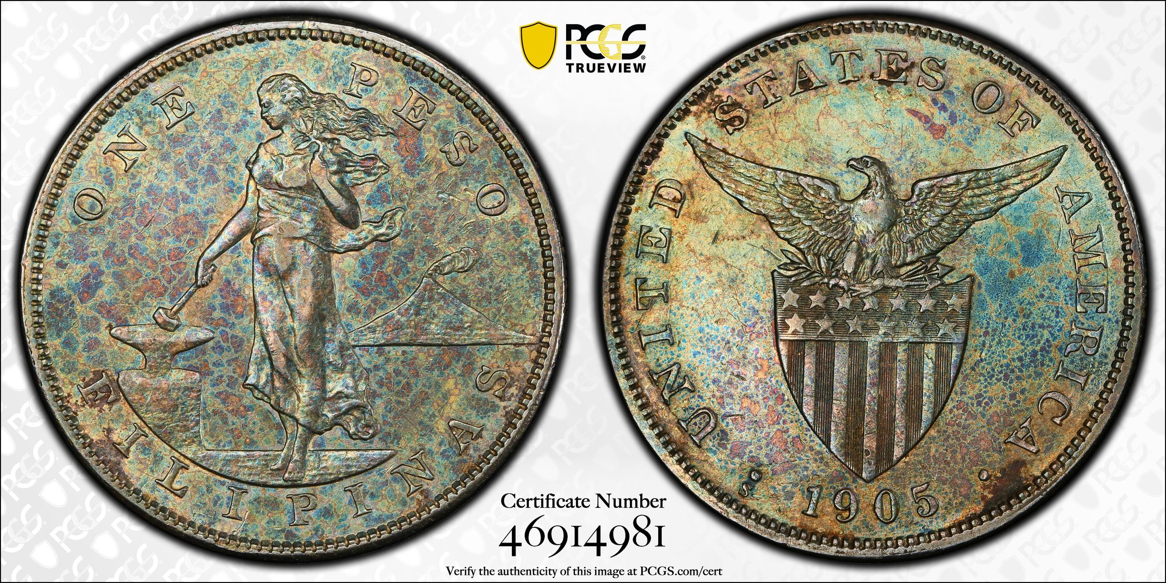 1905-S Peso U.S. Philippines, Curved Serif, Allen 16.06 MS thumbnail 14