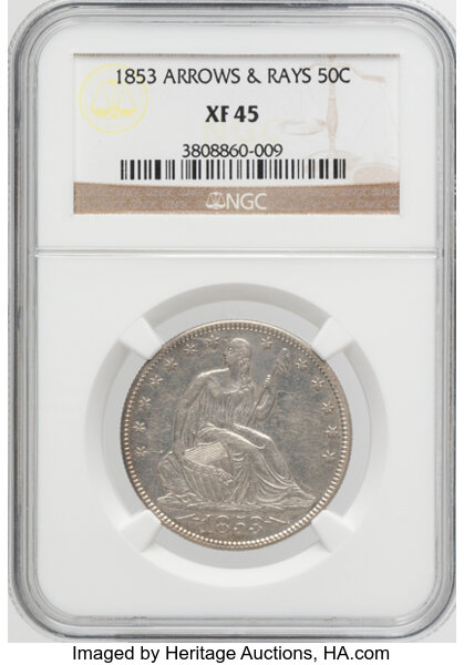 1853 50c Arrows & Rays MS63 CAC thumbnail 3