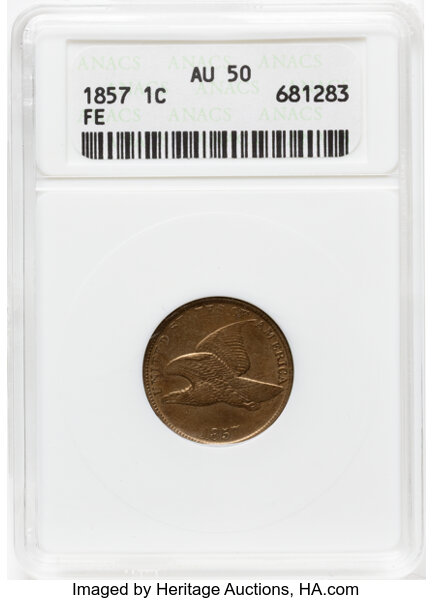 1857 1c Flying Eagle, Tripled Die Obverse, S-12 AU53 thumbnail 2