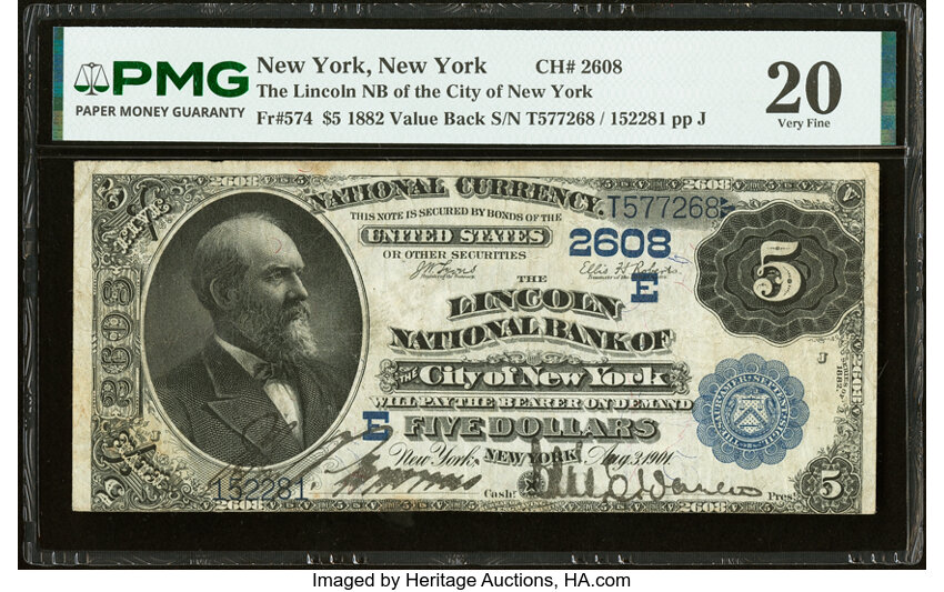 1882 $5  2nd Charter Period, 3rd Issue, Value Back (Fr. 574) thumbnail 3