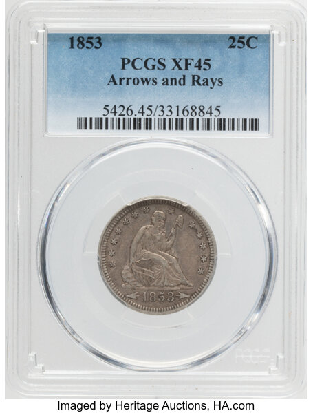 1853 25c Arrows & Rays MS62 CAC thumbnail 2