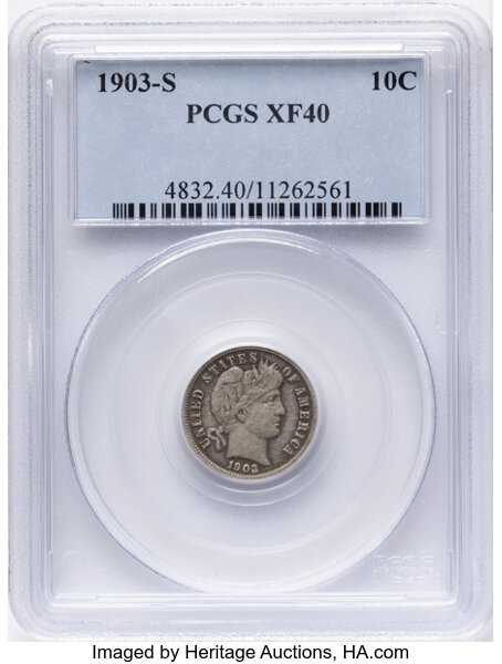 1903-S 10c AU50 CAC thumbnail 3