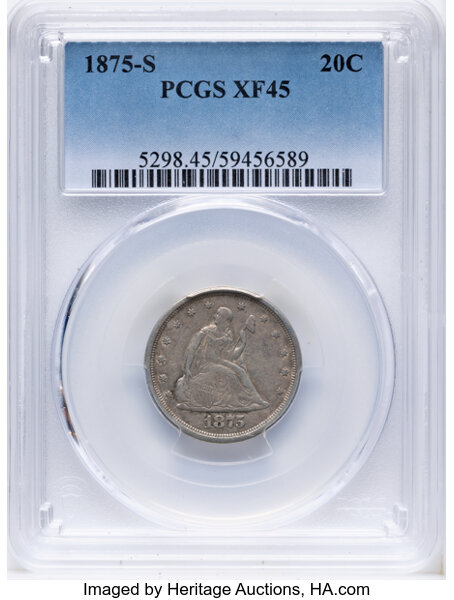 1875-S/S 20c Misplaced Date, FS-302 XF40 CAC thumbnail 2