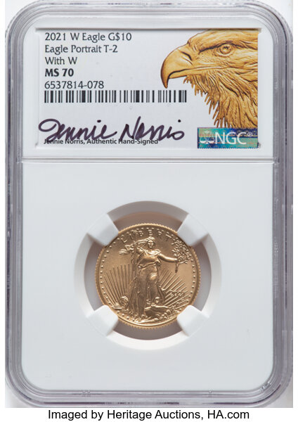 2021-W $10  Gold Eagle, Type 2, Unfinished Proof Dies MS68 CAC thumbnail 3