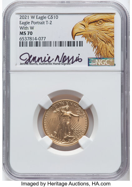 2021-W $10  Gold Eagle, Type 2, Unfinished Proof Dies MS68 CAC thumbnail 2