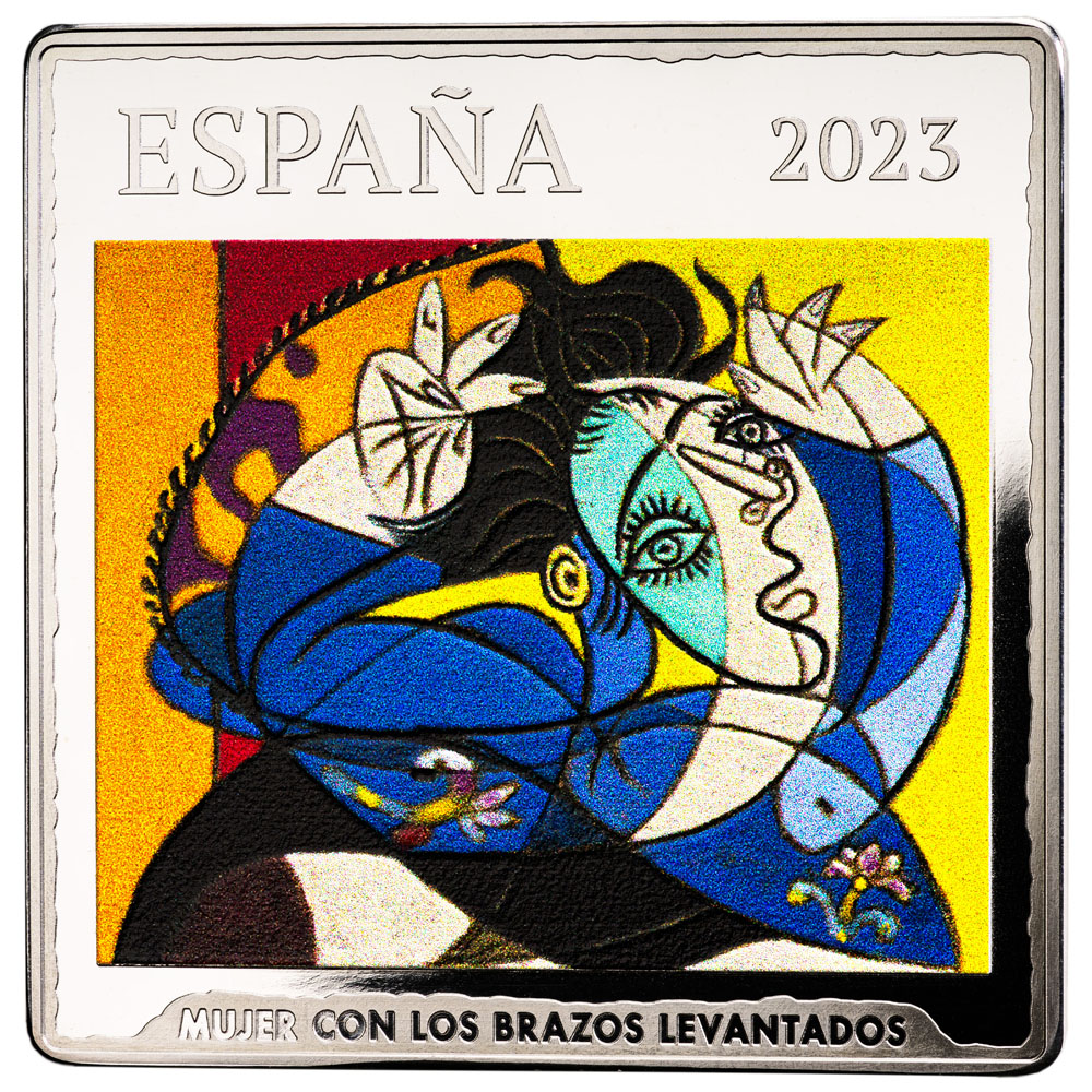 2023-M S€50 5oz Silver, Square, Picasso, Woman with Raised Arms, Colorized PR DCAM
