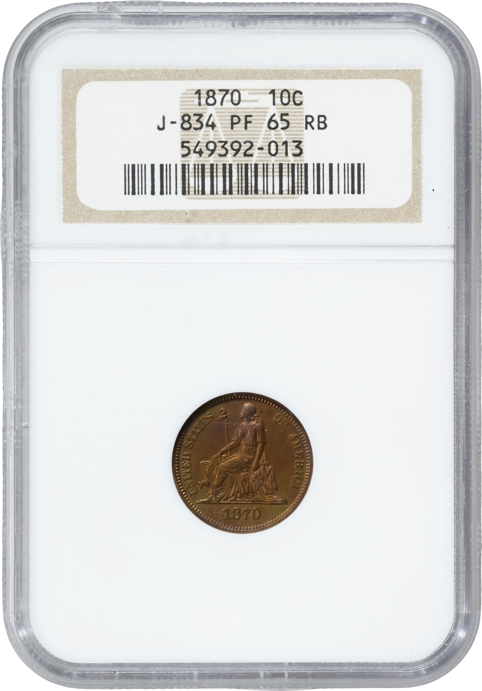 1870 P10c Copper, J-834 PR RB thumbnail 6