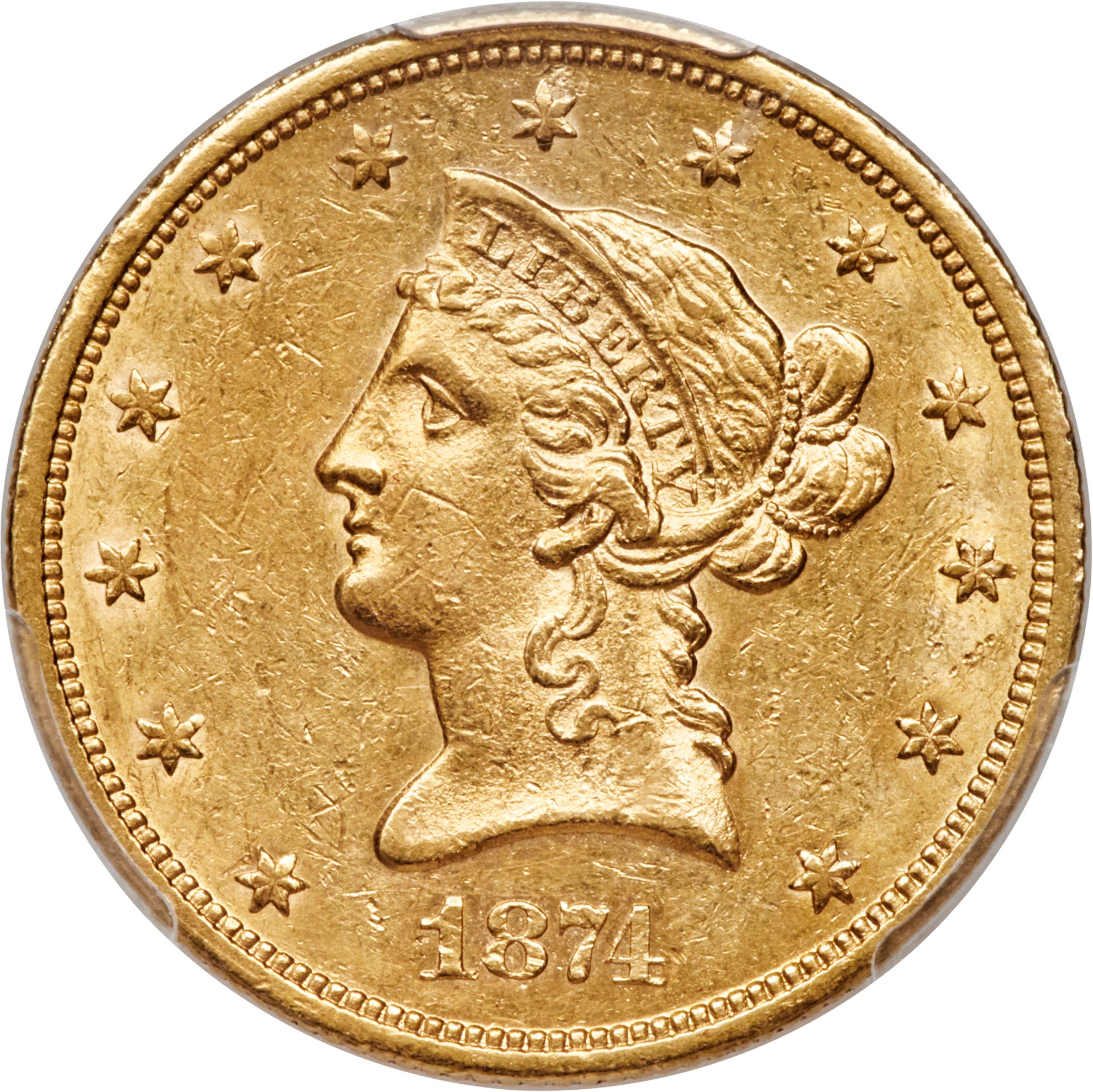 image for: 1874-S $10 AU58 PCGS Secure....