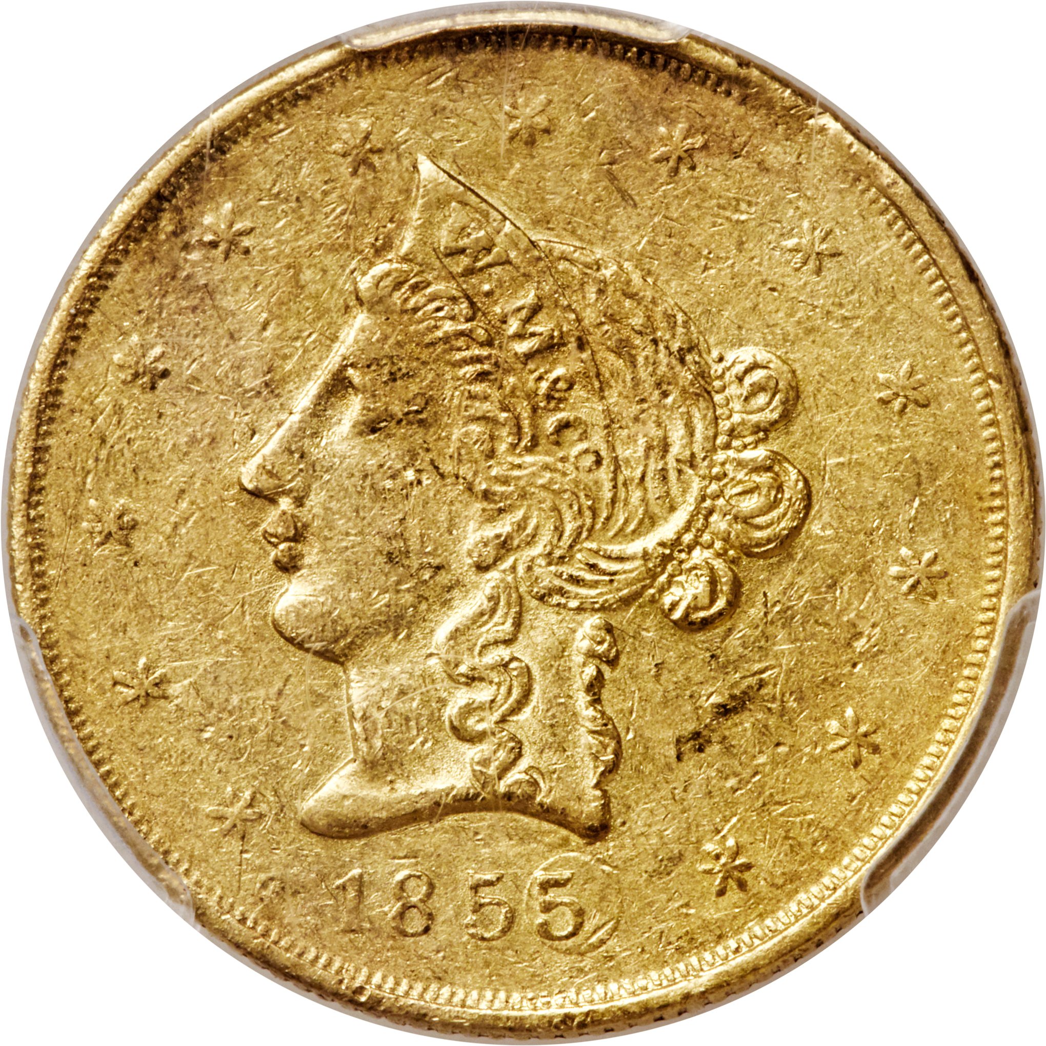 image for: 1855 $10 Wass Molitor Ten Dollar AU55 PCGS. K-6, High R.5....