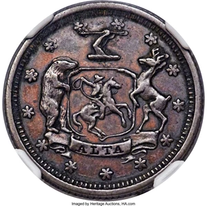 image for: 1849 $5 Massachusetts & California Five Dollar, Copper Die Trial, AU50 NGC. Kagin-5b, High R.7....