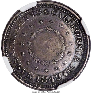 image for: 1849 $5 Massachusetts & California Five Dollar, Copper Die Trial, AU50 NGC. Kagin-5b, High R.7....