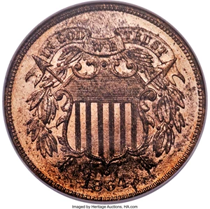 image for: 1864 2C Large Motto PR65 Red and Brown Cameo NGC....