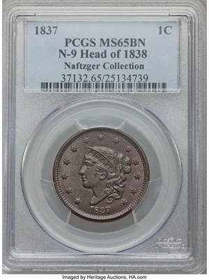 image for: 1837 1C Head of 1838, N-9, R.1, MS65 Brown PCGS....