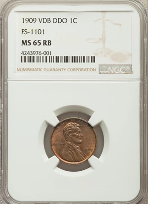 image for: 1909 1C VDB DDO, FS-1101, MS65 Red and Brown NGC. NGC Census: (7/3 and 0/0+). PCGS Population: (15/1 and 0/0+). CDN: $500 W...