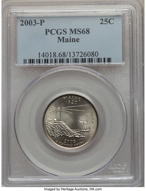 image for: 2003-P 25C Maine MS68 PCGS. PCGS Population: (21/0). NGC Census: (4/0). ...