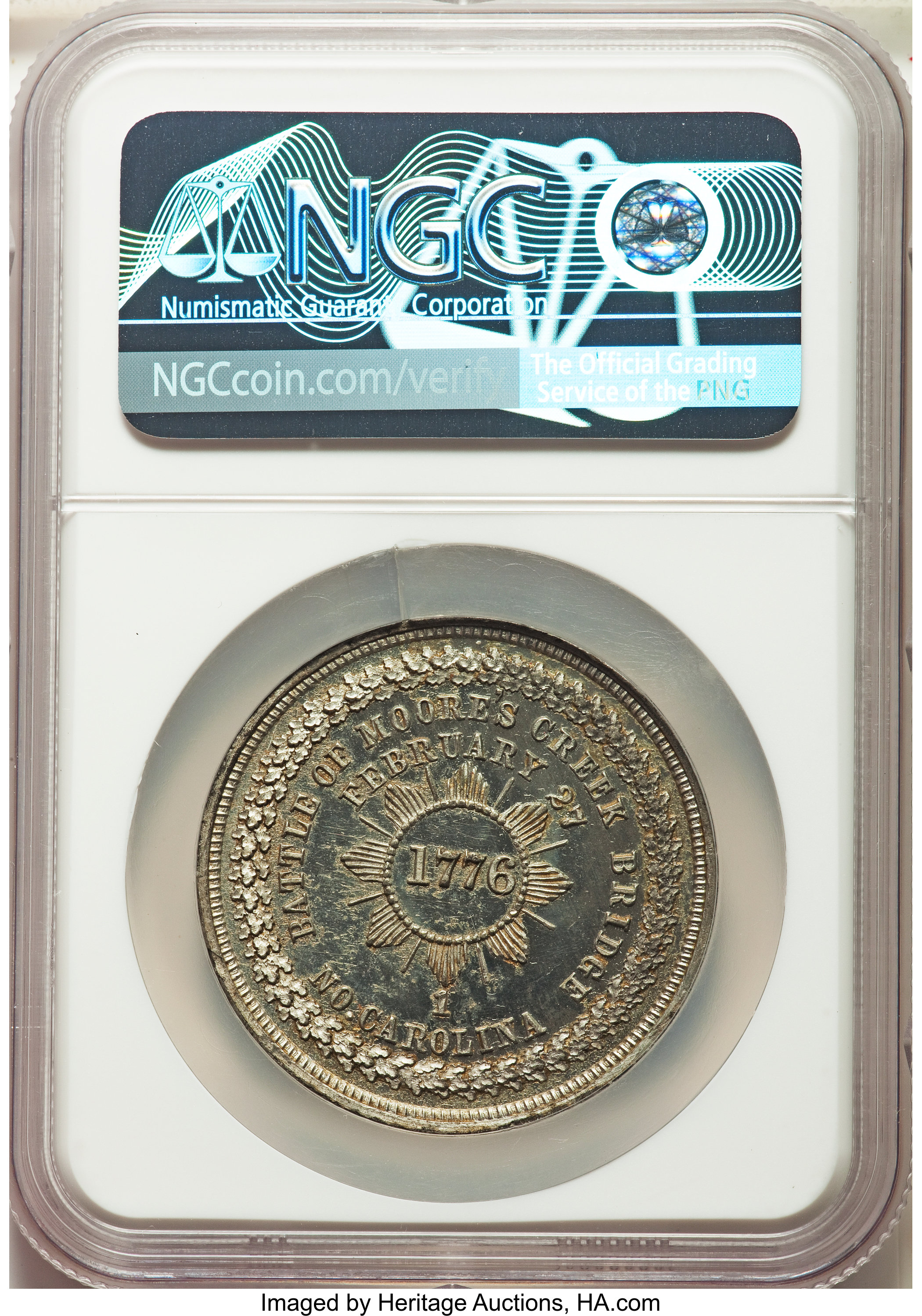 image for: 1876 Lovett's Battles of 1776, Battle of Moore's Creek Bridge, White Metal, Baker-440B, HK-92, R.5, MS62 Prooflike NGC; 1876 U... (Total: 2 medals)