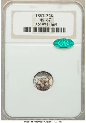 image for: 1851 3CS MS67 NGC. CAC....