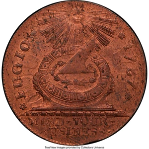 image for: 1787 FUGIO Fugio Cent, STATES UNITED, 4 Cinquefoils, Pointed Rays MS65 Red and Brown PCGS Secure. Newman 13-X, W-6855, R.2....