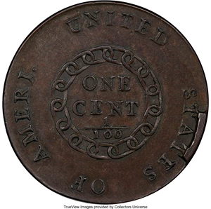 image for: 1793 1C Chain, AMERI., S-1, B-1, R.4, AU55 PCGS Secure. CAC....