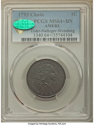 image for: 1793 1C Chain, AMERI., S-1, B-1, R.4, MS64+ Brown PCGS Secure. CAC....