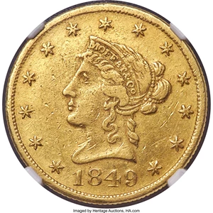 image for: 1849 $10 Moffat & Co., "Ten D." AU55 NGC. K-5 and K-5a, High R.6....