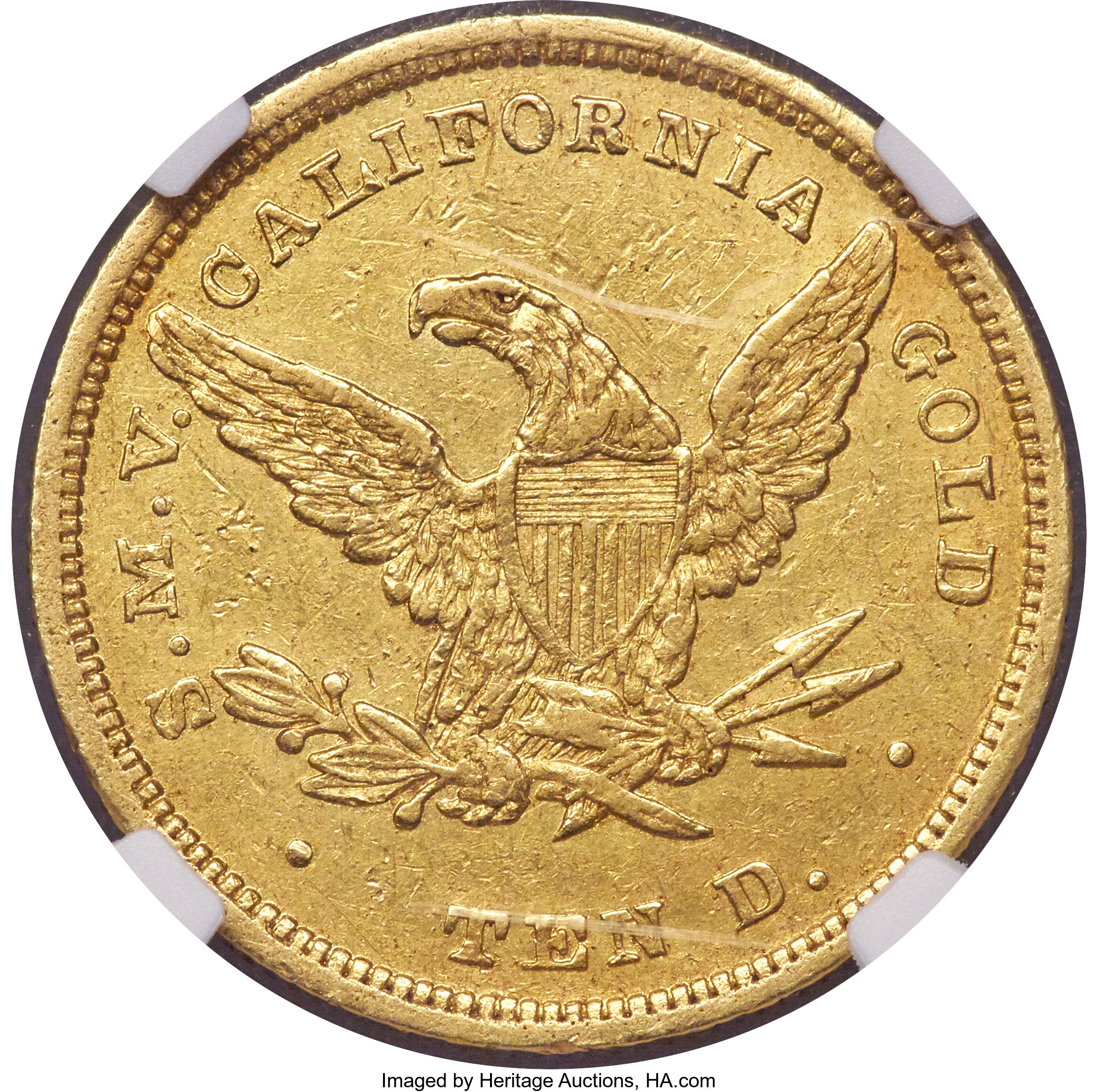 image for: 1849 $10 Moffat & Co., "Ten D." AU55 NGC. K-5 and K-5a, High R.6....