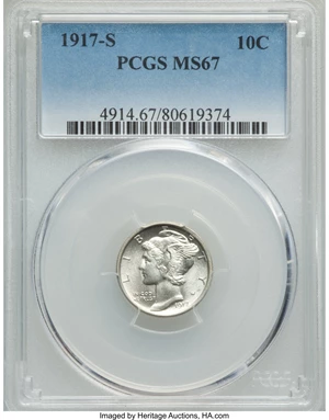 image for: 1917-S 10C MS67 PCGS....