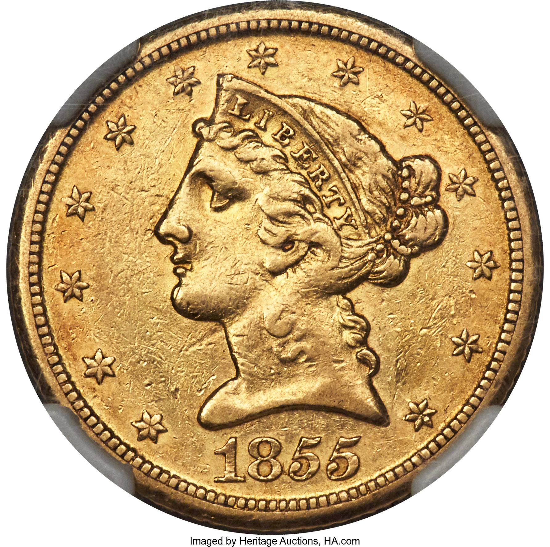 image for: 1855-D $5 Medium D AU53 NGC. Variety 38-CC....