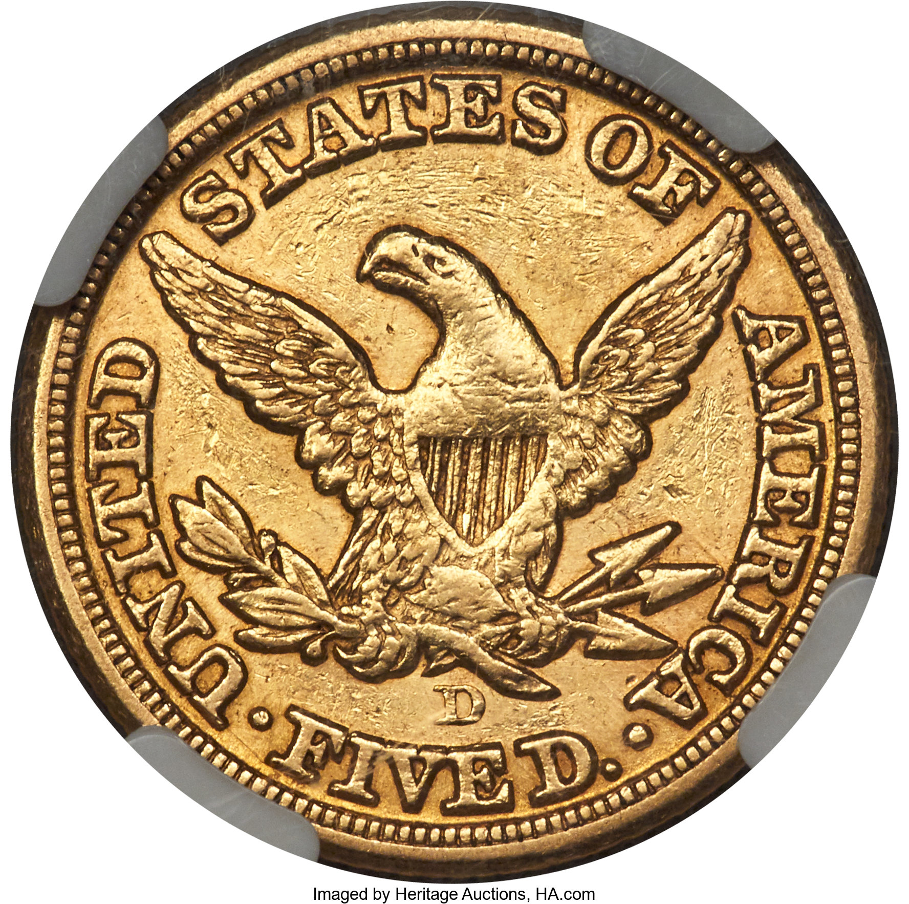 image for: 1855-D $5 Medium D AU53 NGC. Variety 38-CC....