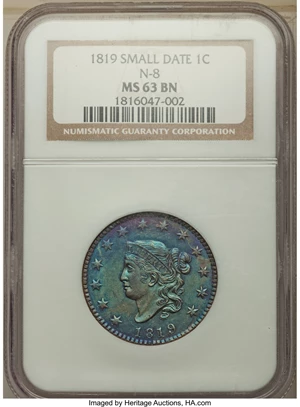 image for: 1819 1C Small Date, N-8, R.1, MS63 Brown NGC. NGC Census: (3/6). PCGS Population: (5/0). MS63. ...