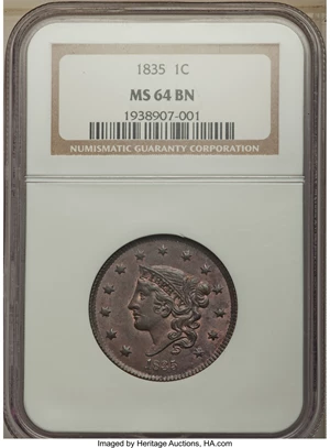 image for: 1835 1C Head of 1836, N-7, N-17, R.1, MS64 Brown NGC. NGC Census: (1/0). PCGS Population: (1/1). MS64. Mintage 3,878,400. ...