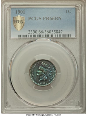 image for: 1901 1C PR66 Brown PCGS Secure. PCGS Population: (10/1 and 2/0+). NGC Census: (14/0 and 0/0+). Mintage 1,985. ...