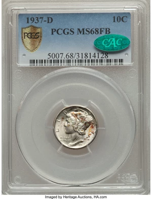 image for: 1937-D 10C MS68 Full Bands PCGS Secure. CAC. PCGS Population: (17/0 and 1/0+). NGC Census: (16/0 and 0/0+). Mintage 14,146...