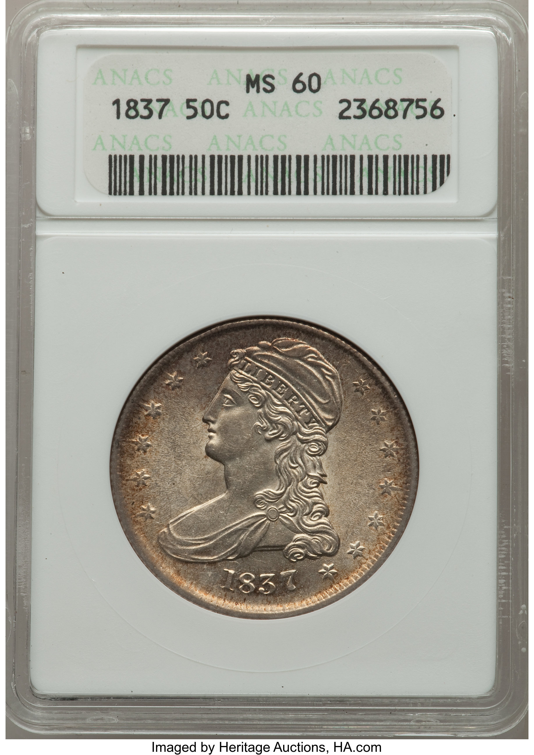 1837 50C MS60 ANACS. NGC Census: (9/492). PCGS Population: (12/414). CDN: $1,000 Whsle. Bid for problem-free NGC/PCGS MS60....