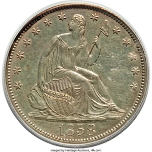 image for: 1858 50C PR62 PCGS. PCGS Population: (12/60). NGC Census: (9/37). CDN: $1,250 Whsle. Bid for problem-free NGC/PCGS PR62. Mi...