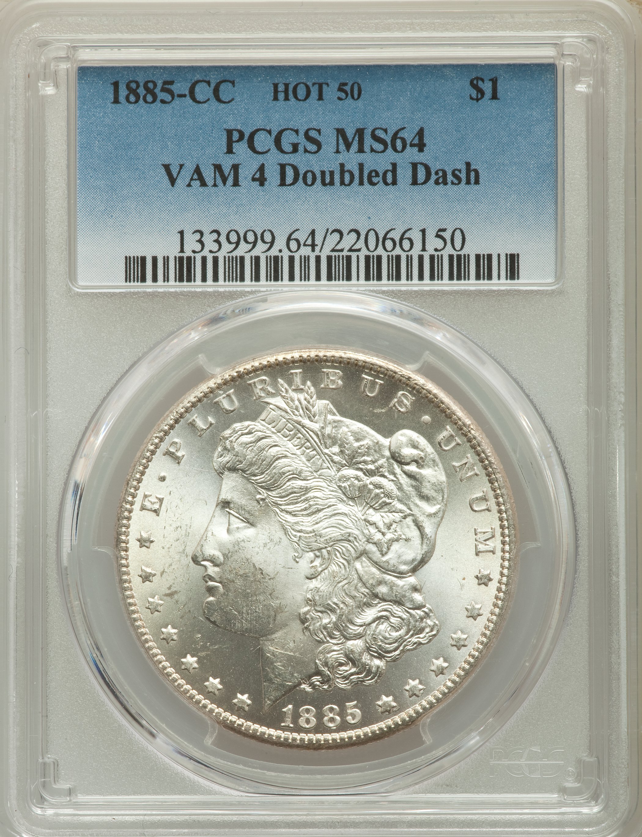 1885-CC $1 Doubled Dash, VAM-4, MS64 PCGS. A Hot 50 Variety. PCGS Population: (28/39). NGC Census: (41/30). MS64....