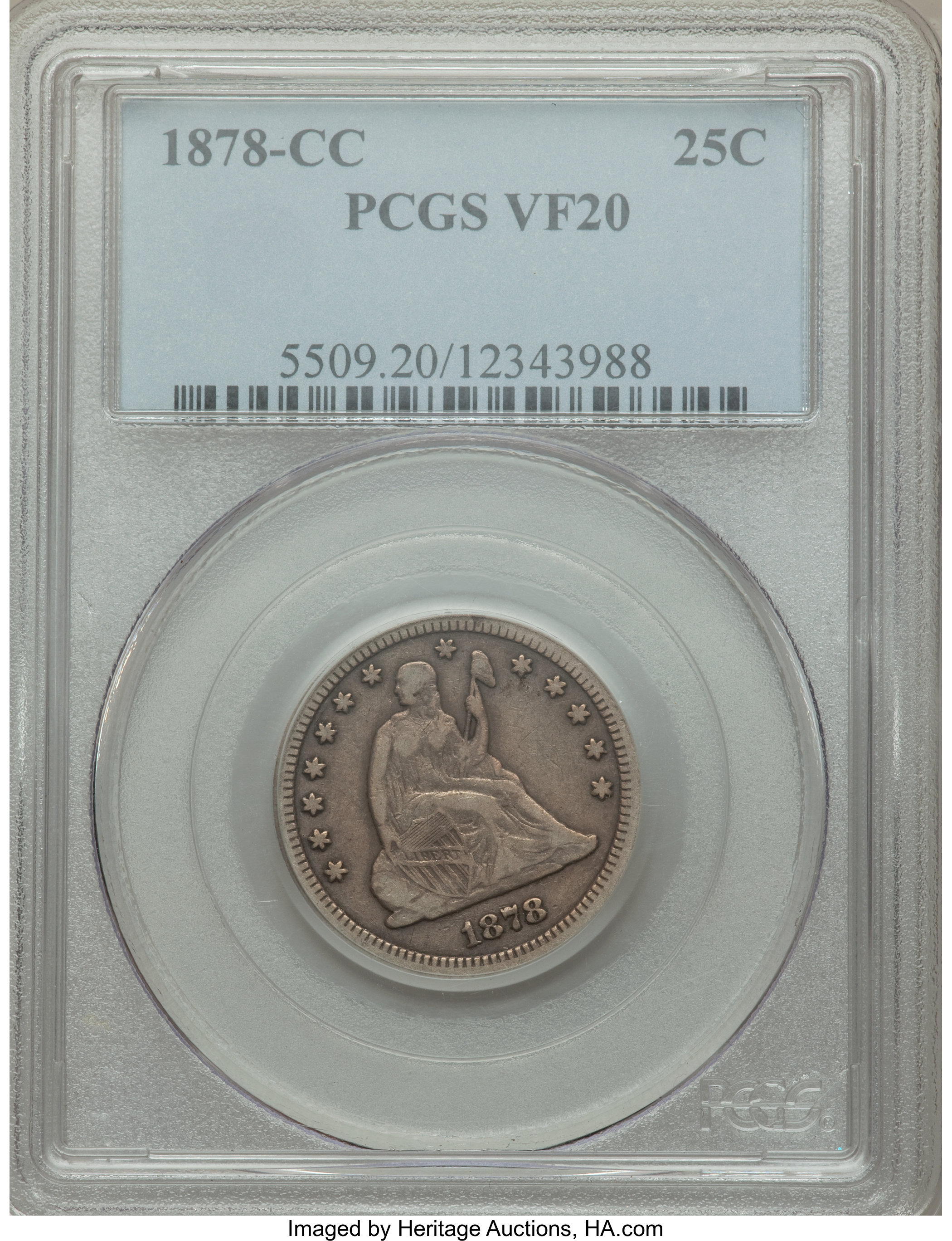 1878-CC 25C VF20 PCGS. PCGS Population: (14/420). NGC Census: (3/269). CDN: $100 Whsle. Bid for problem-free NGC/PCGS VF20....
