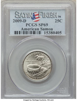 image for: 2009-P 25C American Samoa, Satin Finish SP69 PCGS. This lot will also include the following: 2009-D 25C American Samoa, ... (Total: 2 coins)