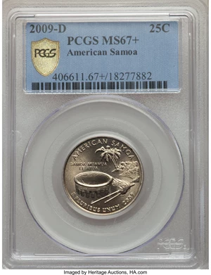 image for: 2009-D 25C American Samoa MS67+ PCGS Secure. PCGS Population: (256/2 and 2/0+). NGC Census: (84/30 and 0/0+). ...