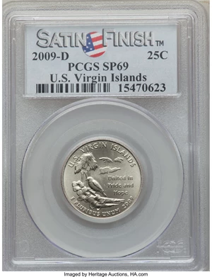 image for: 2009-P 25C U.S. Virgin Islands, Satin Finish SP69 PCGS Secure. This lot will also include the following: 2009-D 25C U.S.... (Total: 2 coins)