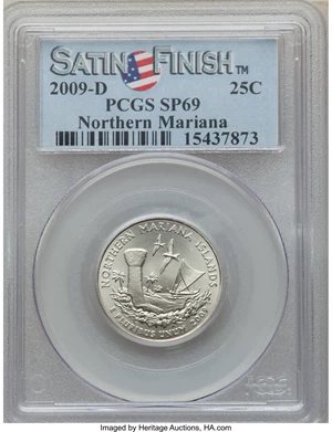 image for: 2009-P 25C Northern Mariana Islands, Satin Finish SP69 PCGS. This lot will also include the following: 2009-D 25C Northe... (Total: 2 coins)