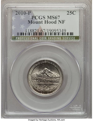 image for: 2010-P 25C Mount Hood MS67 PCGS. PCGS Population: (15/0). NGC Census: (0/0). ...