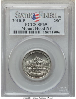 image for: 2010-P 25C Mount Hood NF Satin Finish SP69 PCGS. This lot will also include the following: 2010-D 25C Mount Hood NF Sati... (Total: 2 coins)