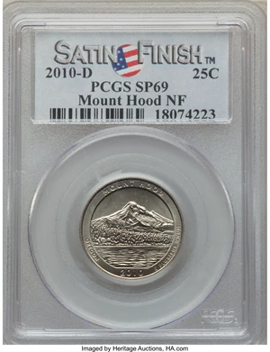 image for: 2010-P 25C Mount Hood NF Satin Finish SP69 PCGS. This lot will also include the following: 2010-D 25C Mount Hood NF Sati... (Total: 2 coins)