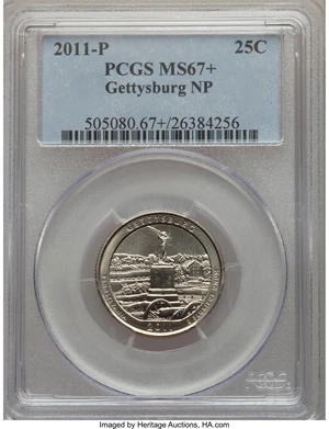 image for: 2011-P 25C Gettysburg MS67+ PCGS. PCGS Population: (110/1 and 6/0+). NGC Census: (0/0 and 0/0+)....