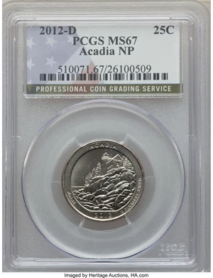 image for: 2012-P 25C Acadia NP MS67 PCGS. This lot will also include the following: 2012-D 25C Acadia NP MS67 PCGS. 2012-S 25C Ac... (Total: 3 coins)