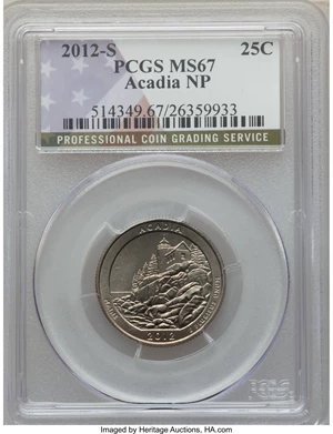 image for: 2012-P 25C Acadia NP MS67 PCGS. This lot will also include the following: 2012-D 25C Acadia NP MS67 PCGS. 2012-S 25C Ac... (Total: 3 coins)